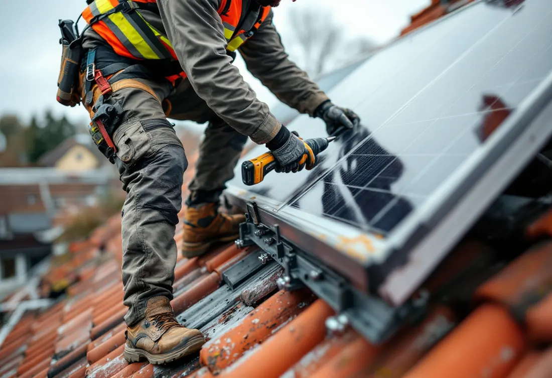 Installateur posant des panneaux solaires