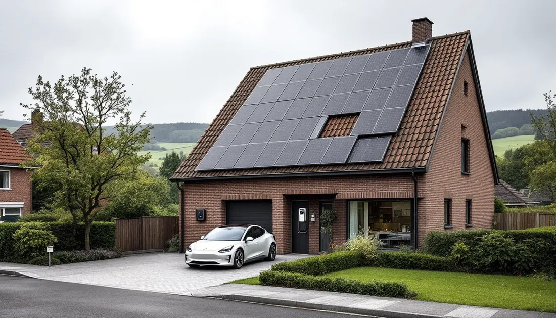 Panneaux solaires et borne de recharge sur une maison à Fléron